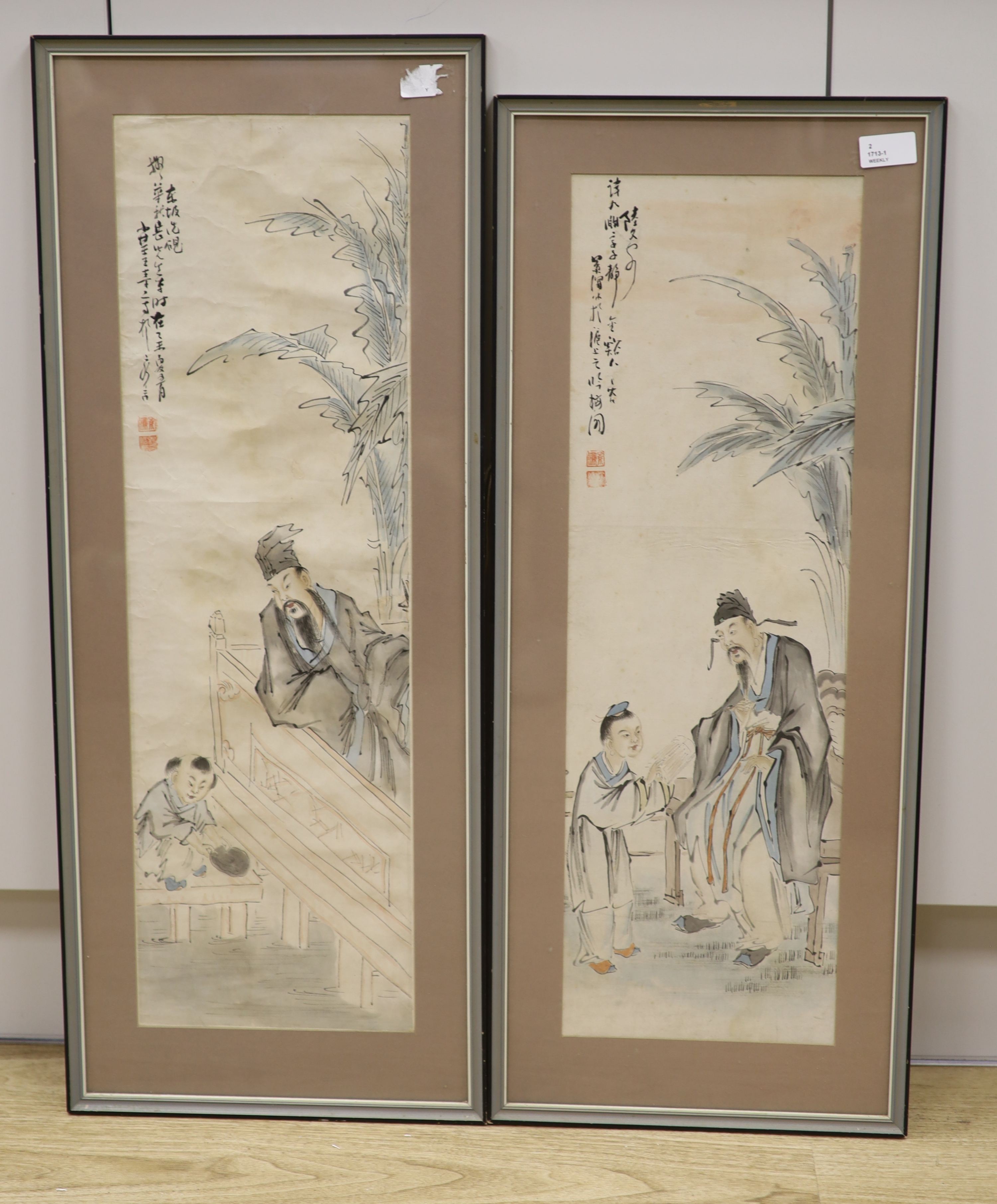 A Chinese watercolour on paper, nobleman with attendant, signed, red seal and a similar smaller watercolour, 67 x 20.5cm (largest)